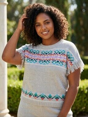 Old Navy Fair Isle Fringe Sleeve Sweater Tribal Aztec XL Gray Pullover Boho Cozy